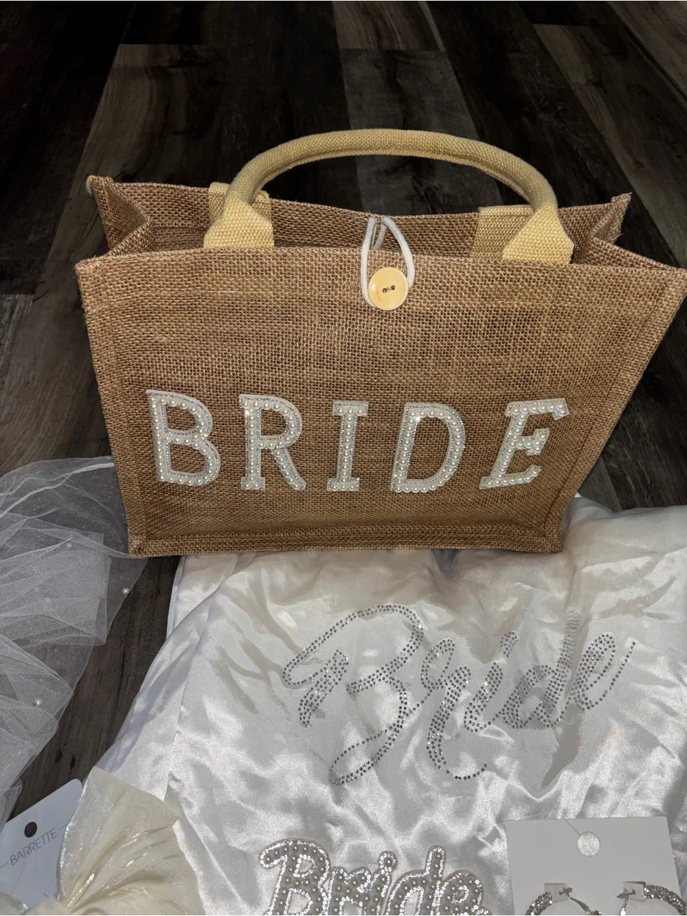 Bride Burlap Tote Gift Set with White Bridal Accessories